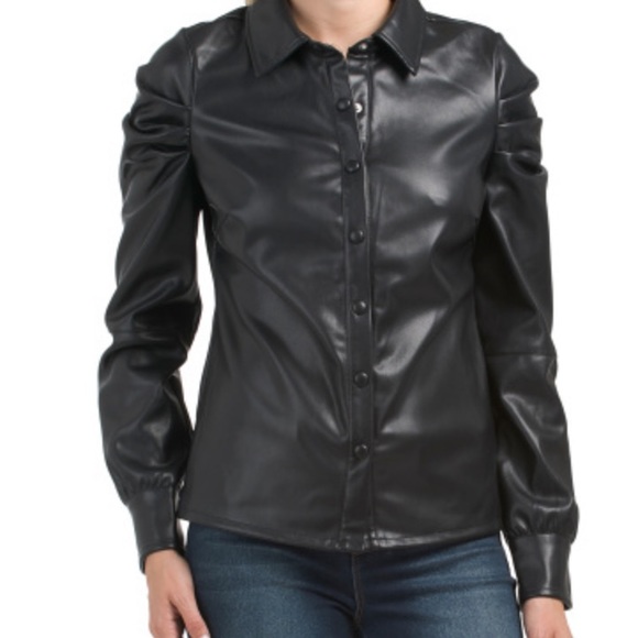 7 for all mankind Faux leather puff sleeve top NWT! Size S, black - Picture 1 of 15